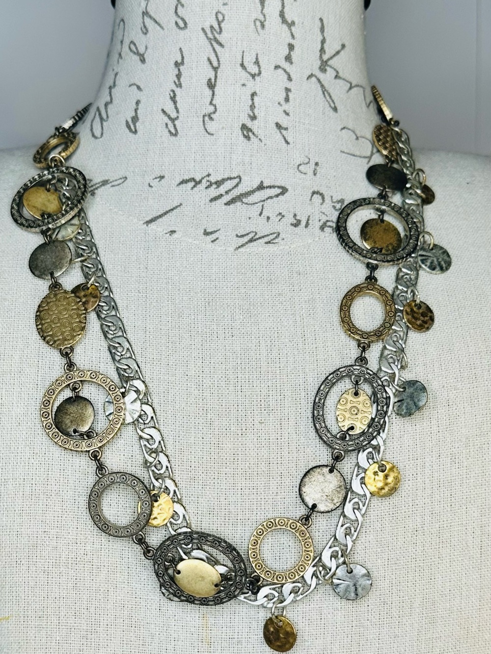 Vintage Mixed Metal Statement Necklace Silver Gold Tone Layered Chain Disc Charm